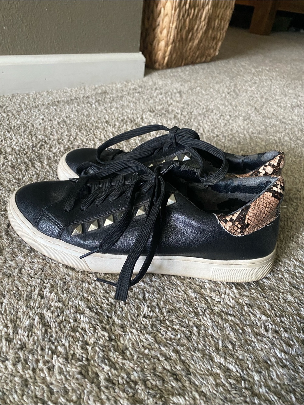 Steve Madden Black Studded Low-Top Sneakers with Snake-Print Heel